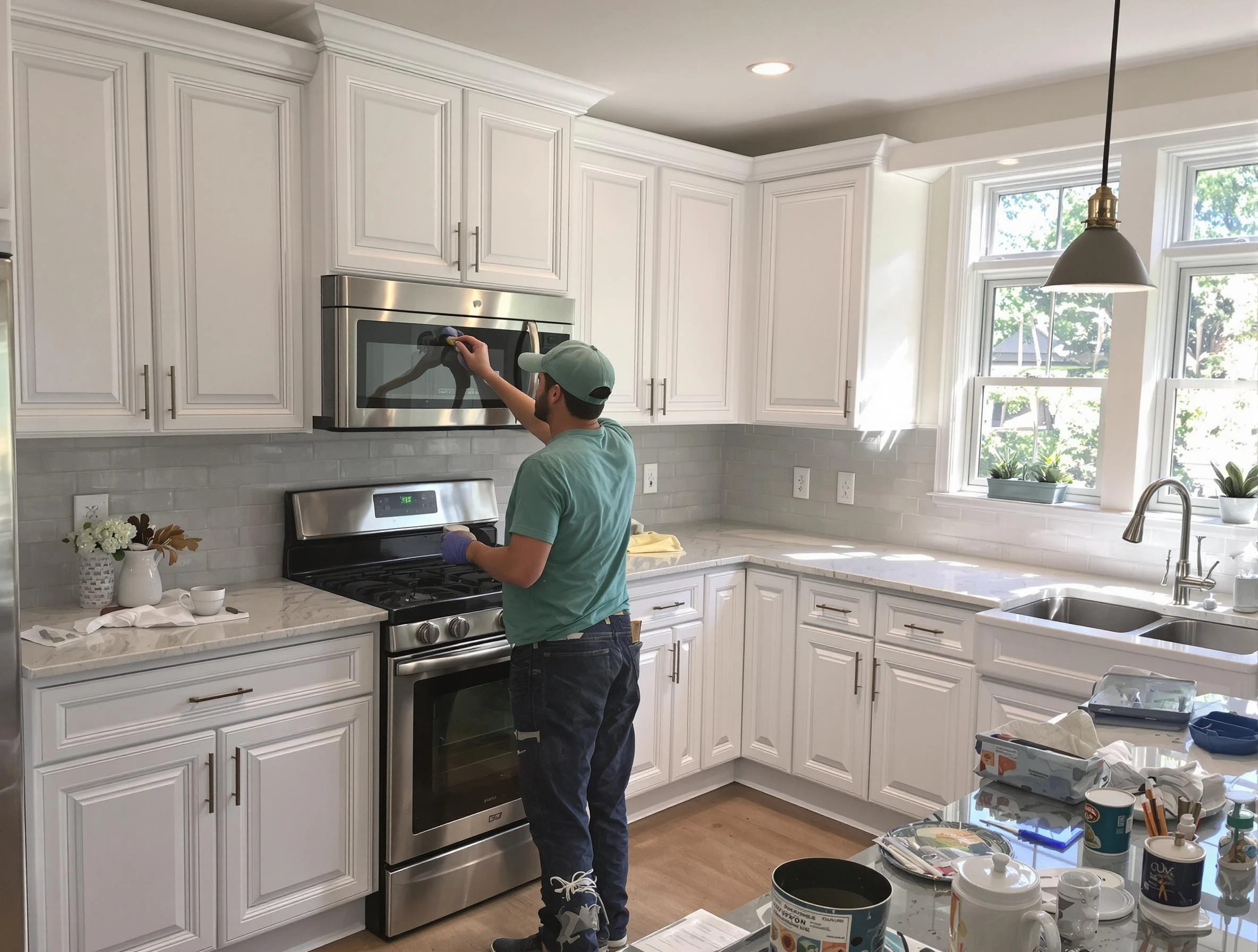 Kitchen cabinets being refinished by Aurora House Painters in Aurora, OH